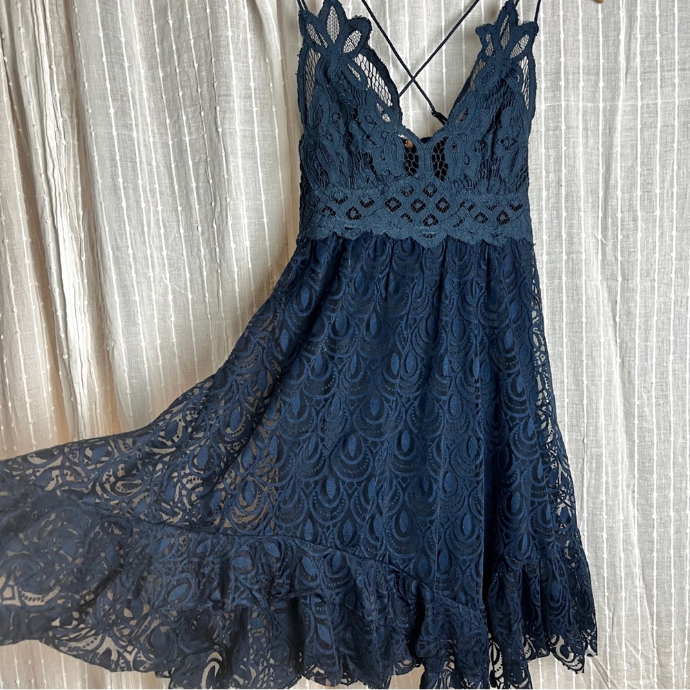 FP One Free People Navy Lace Crochet Bodice Boho Dress • Size XS